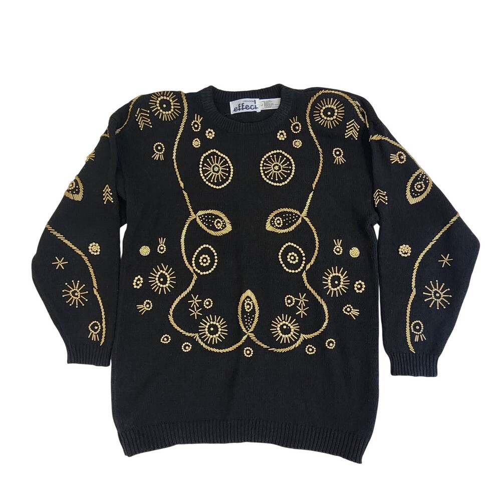 Vintage 1980s Creazionie Effeci Sweater Large Gold Black Sequin Sunburst #1398